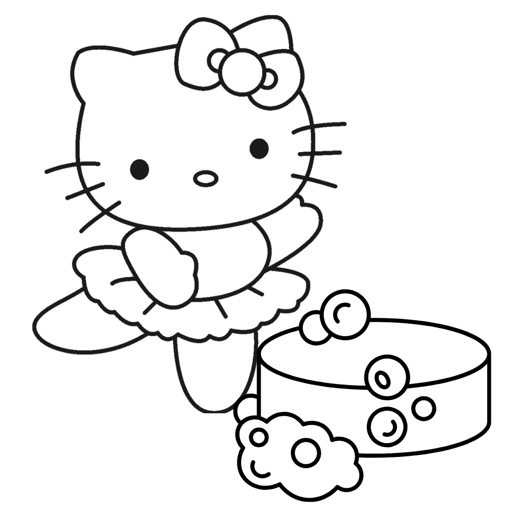 Tranh tô màu bánh sinh nhật đơn giản cạnh mèo Hello Kitty.