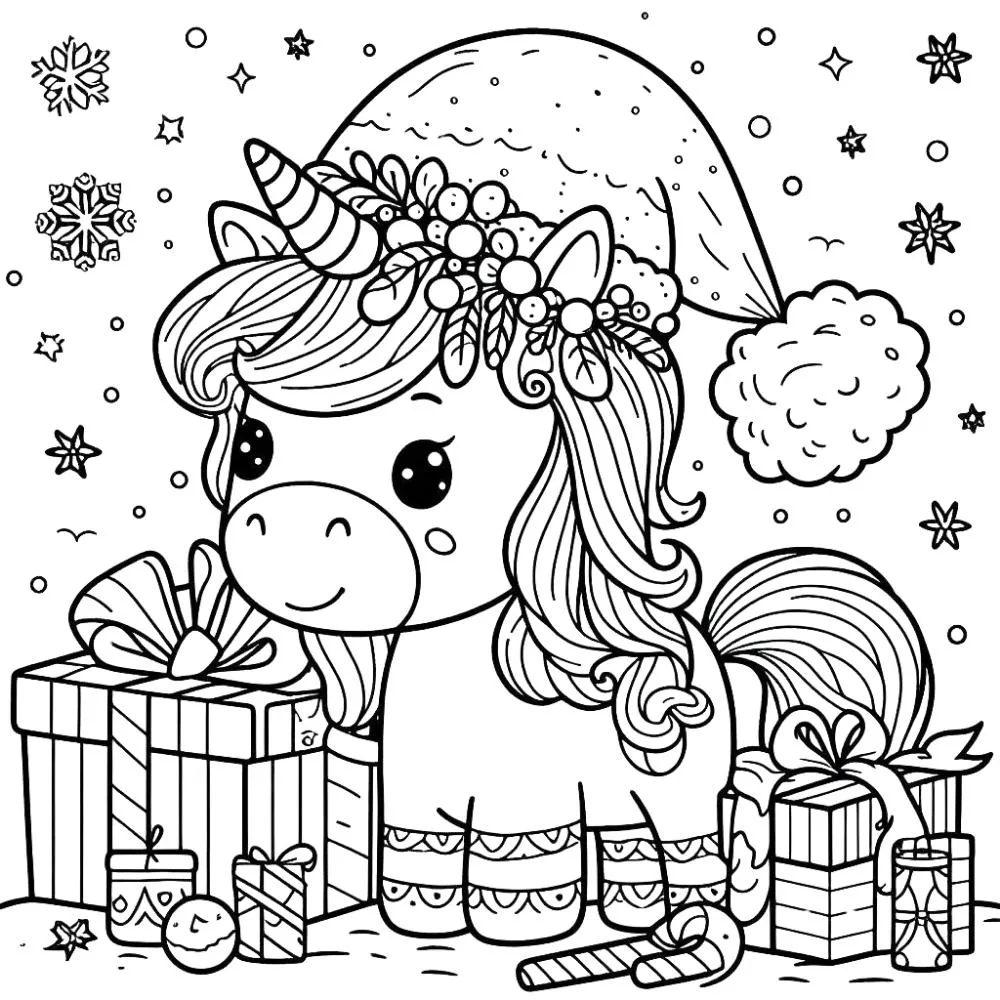 Tranh tô màu chủ đề Noel về ngựa Pony đội mũ siêu đáng yêu