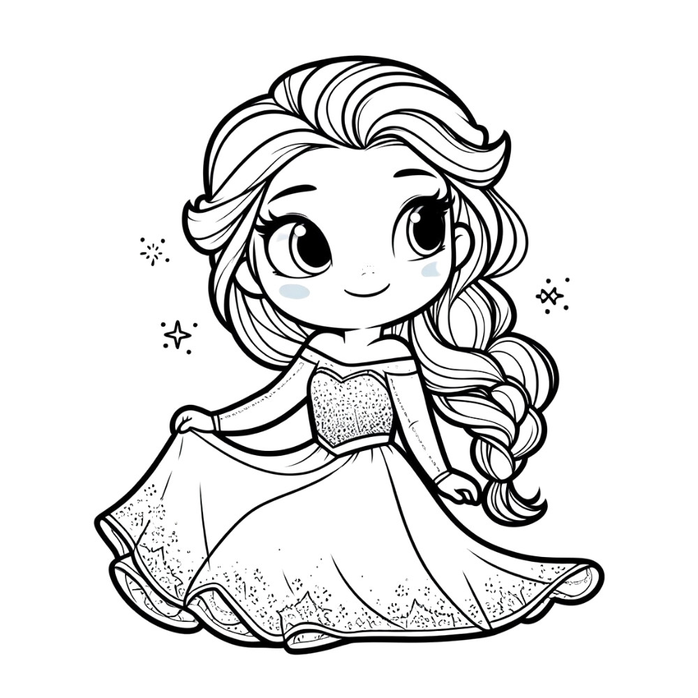 Tranh tô màu công chúa chibi Elsa dịu dàng nâng váy dễ thương.