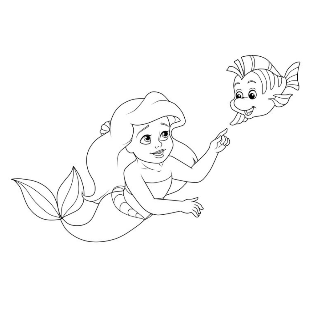 Tranh tô màu công chúa Disney chibi mô tả công chúa Ariel đang vui chơi cùng chú cá.