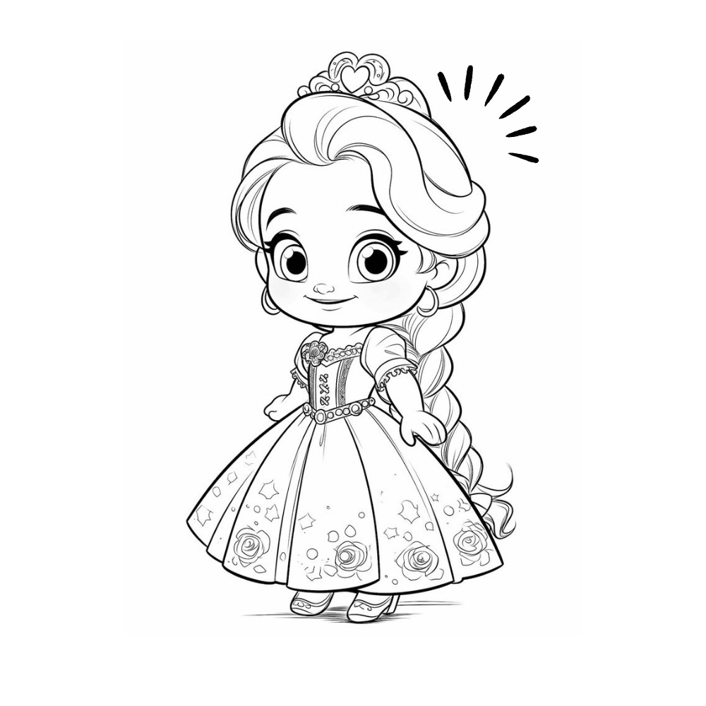 Tranh tô màu công chúa Rapunzel chibi mặc váy lộng lẫy với nhiều họa tiết hoa xinh xắn.