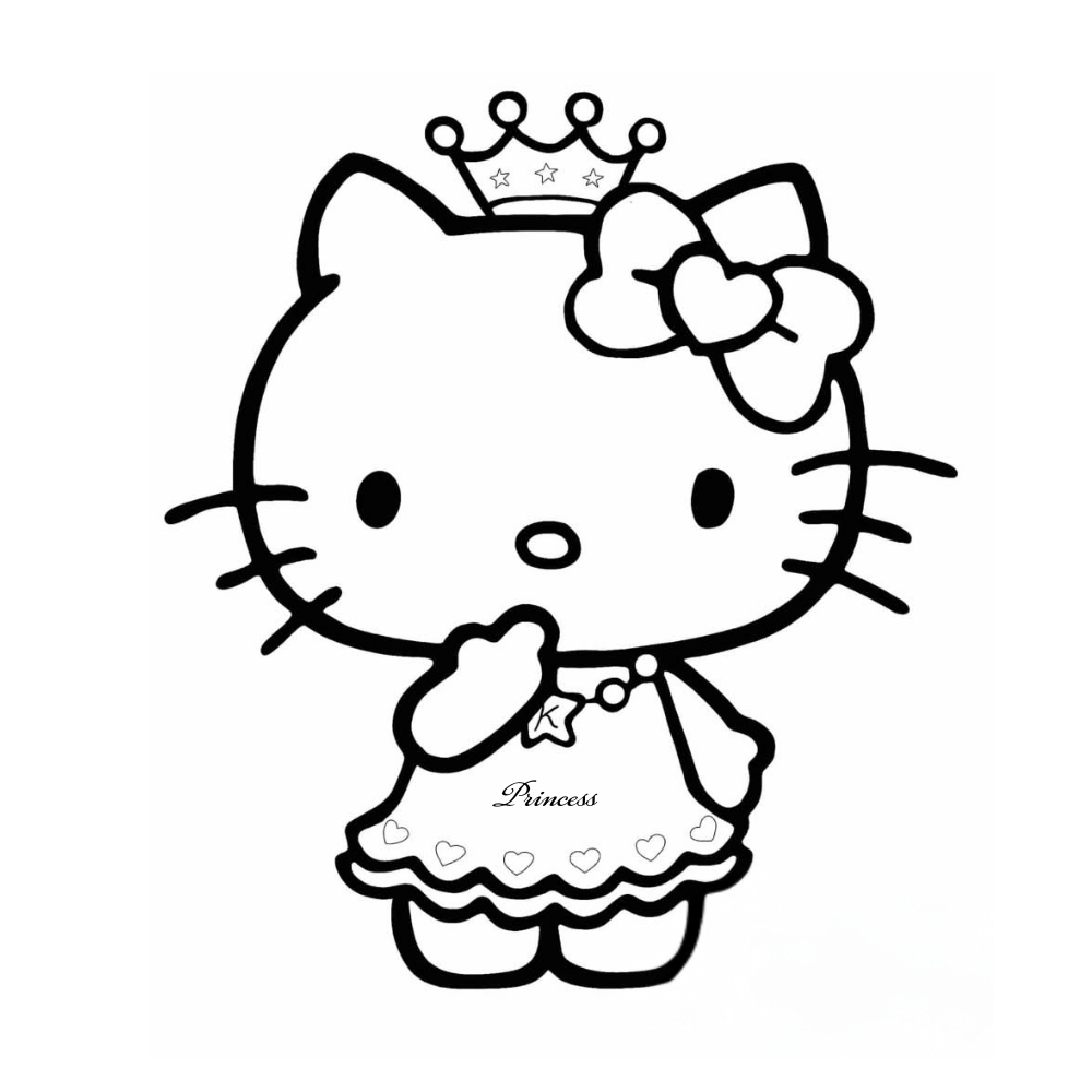 Tranh tô màu công chúa Hello Kitty mặc váy công chúa xinh xắn, đội vương miện kiêu sa.