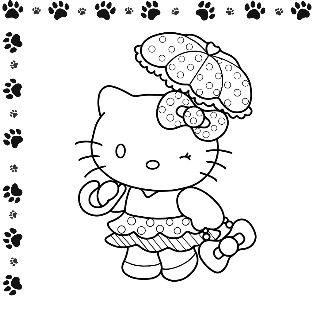 Tranh tô màu công chúa Hello Kitty cầm ô chấm bi và  có biểu cảm nháy mắt tinh nghịch.