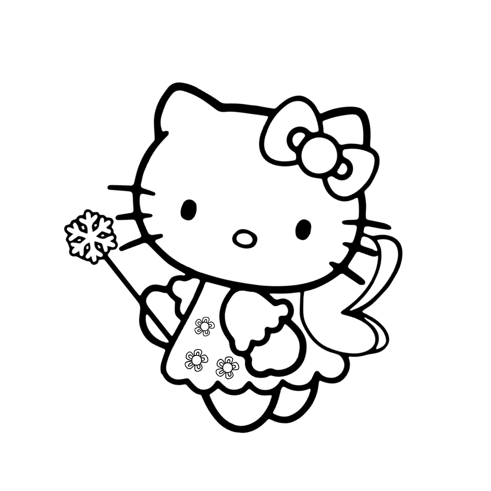 Tranh tô màu Hello Kitty mặc váy công chúa hoa, tay cầm gậy phép thuật đáng yêu.