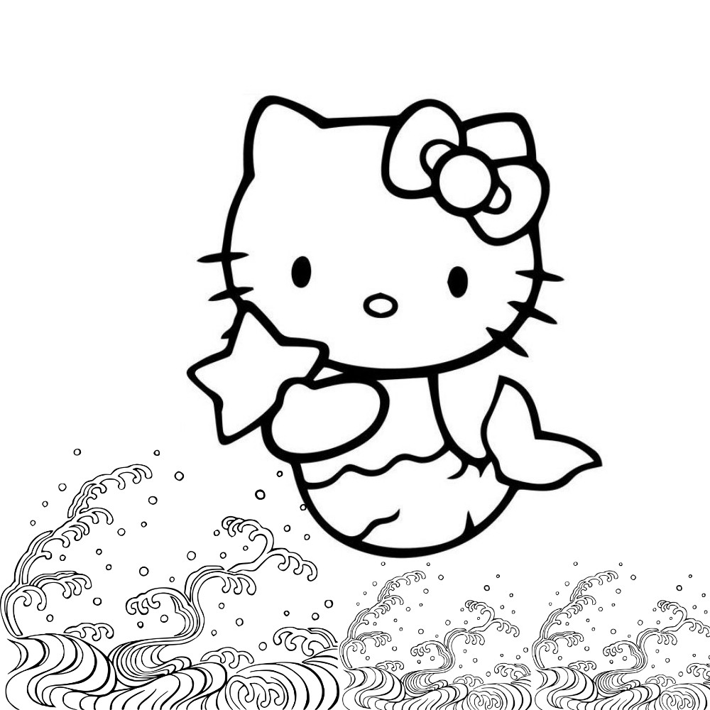 Hình tô màu công chúa Hello Kitty hóa thân thành nàng tiên cá đang cầm ngôi sao đáng yêu.