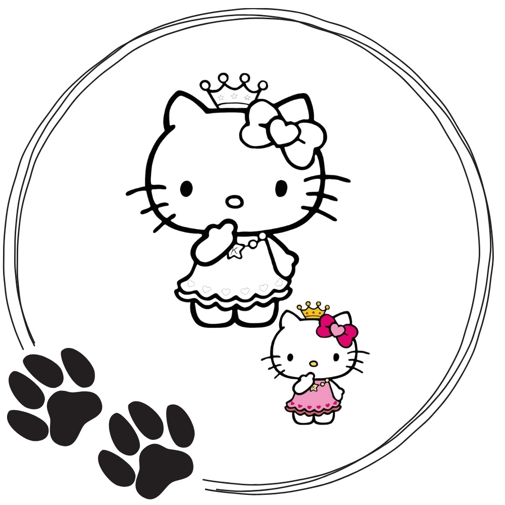 Tranh tô màu Hello Kitty mặc váy công chúa dễ thương có hình mẫu.