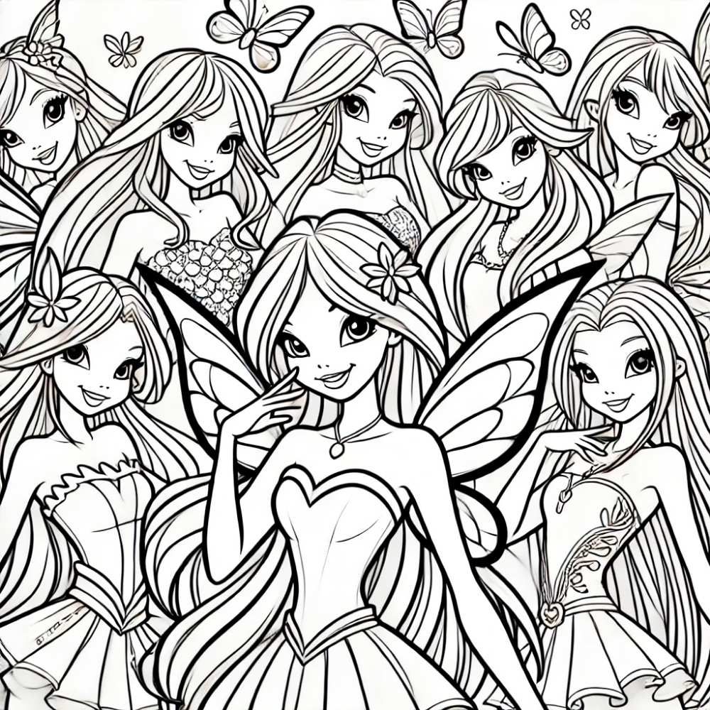 Tranh tô màu nhóm Winx nở nụ cười đẹp cho bé gái tô màu,