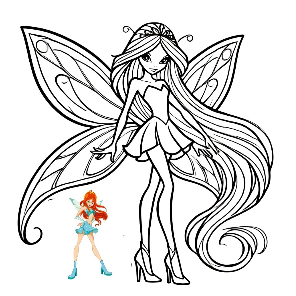 Vẽ công chúa Winx Bloom đen trắng phong cách chibi đáng yêu.