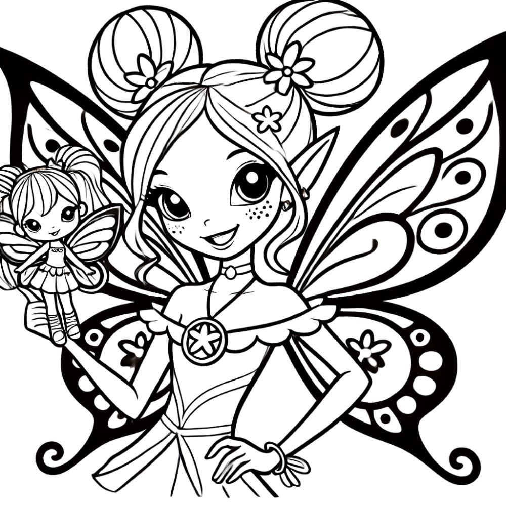 Tranh tô màu Winx Musa trên tay cầm một phiên bản Winx mini.