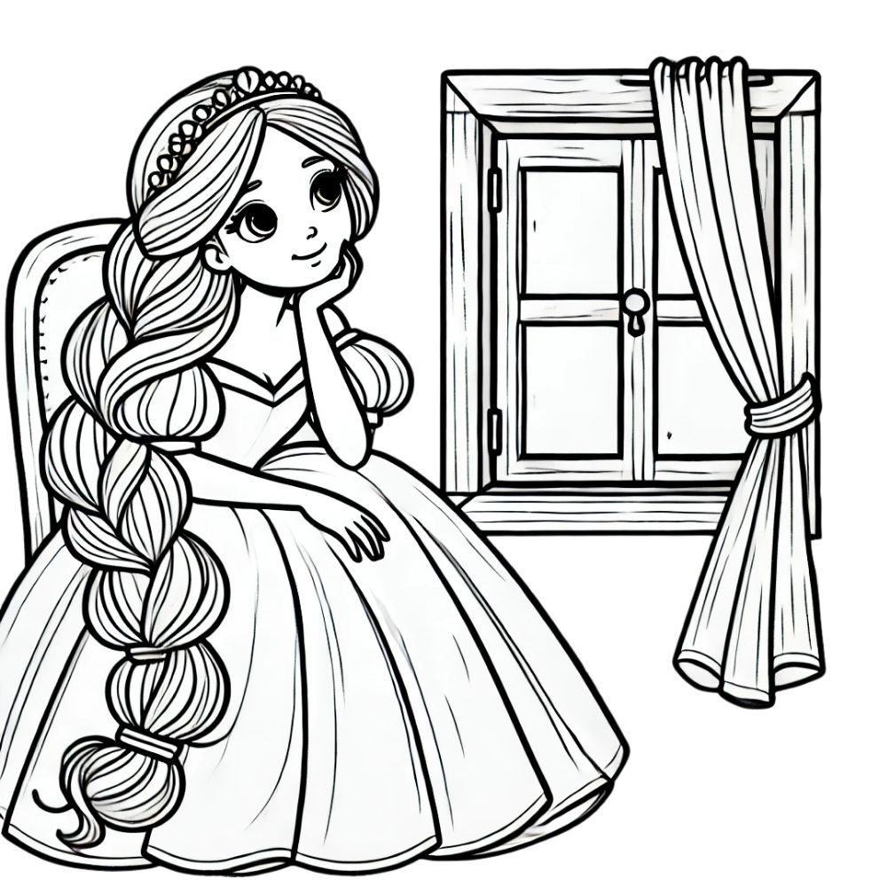 Tranh tô màu Rapunzel dịu dàng ngồi bên khung cửa sổ.