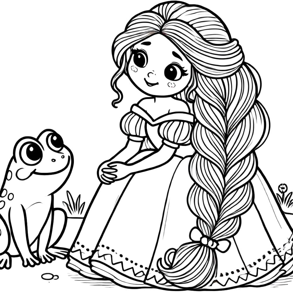 Tranh tô màu Rapunzel ngồi cười cùng chú ếch đáng yêu.