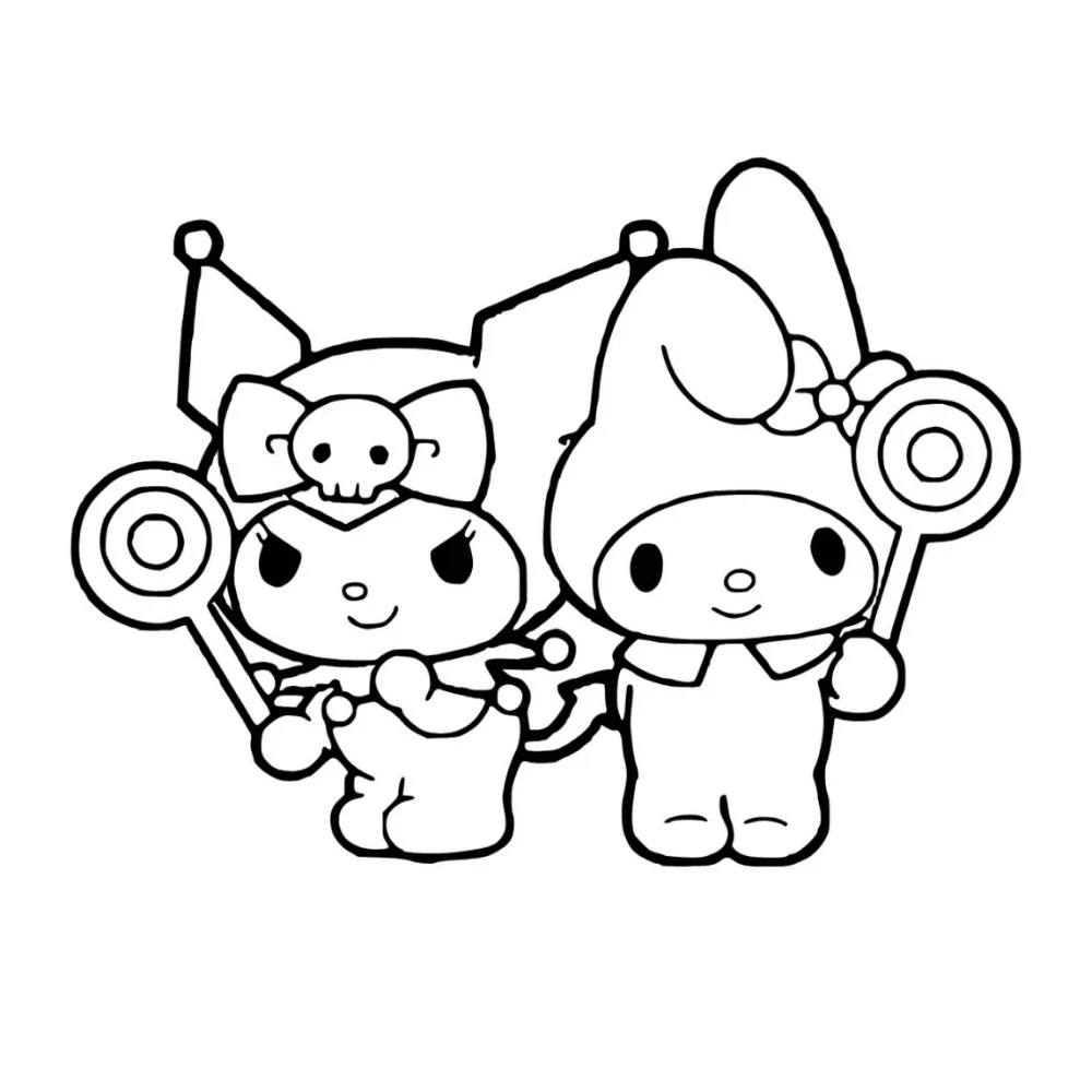 Tranh tô màu Kuromi và My Melody cầm kẹo siêu dễ thương