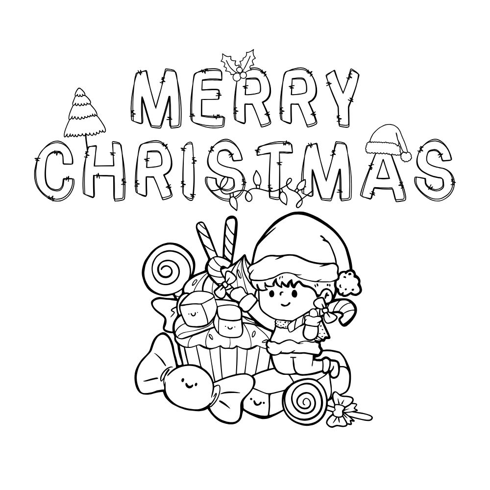 Tranh tô màu chữ Merry Christmas và bé gái cùng nhiều bánh kẹo siêu ngọt ngào.