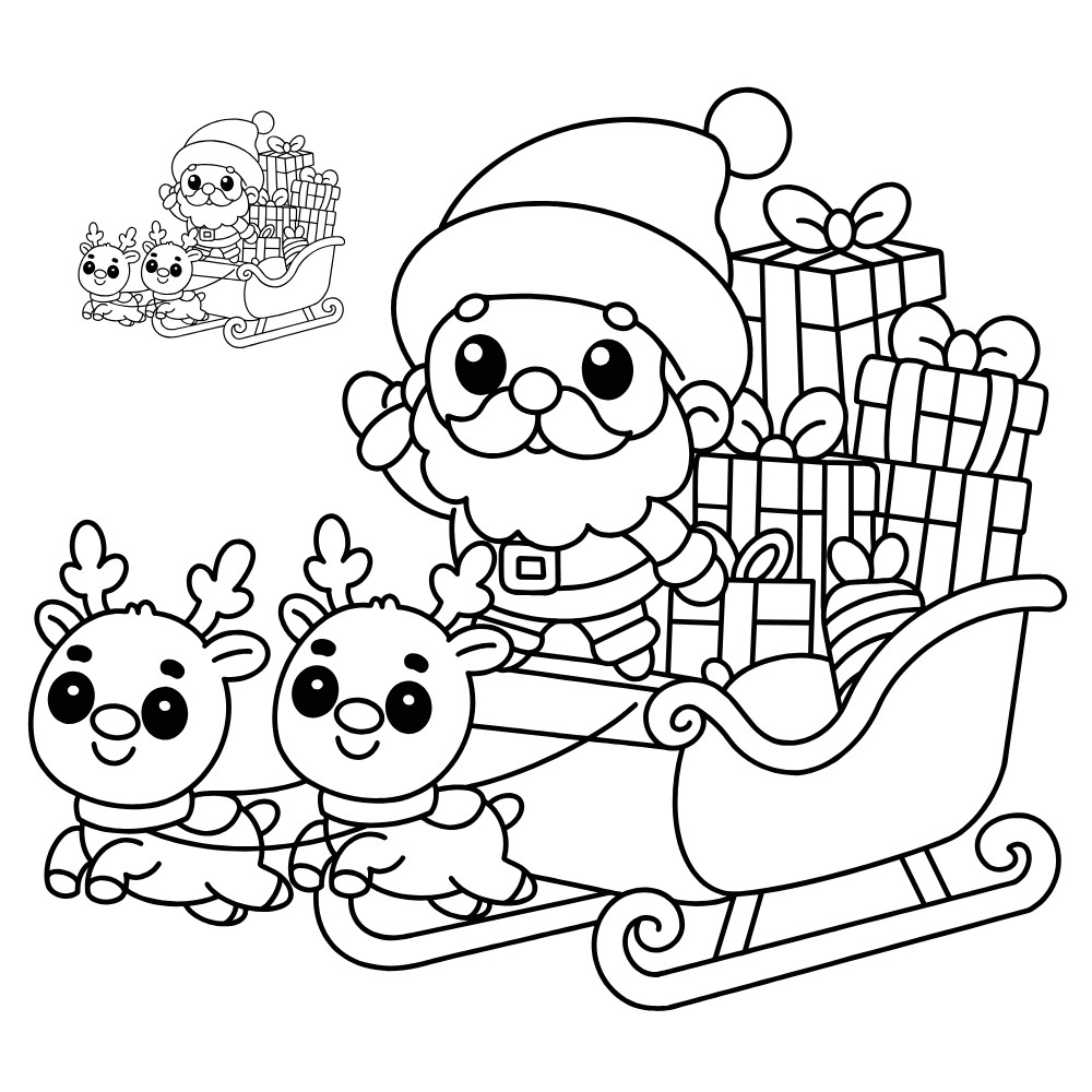 Tranh tô màu ông già Noel đứng trên xe kéo đầy ắp quà cùng hai chú tuần lộc đáng yêu.